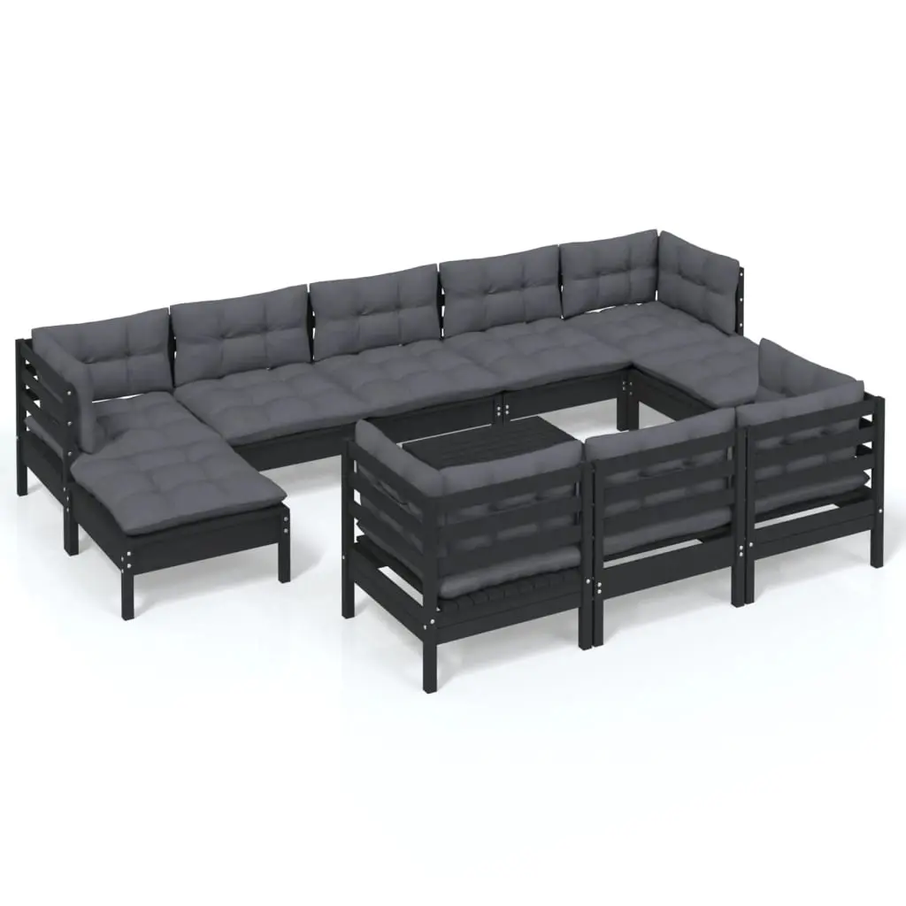 11 Piece Garden Lounge Set with Cushions Black Solid Pinewood 3097149 - Furniture
