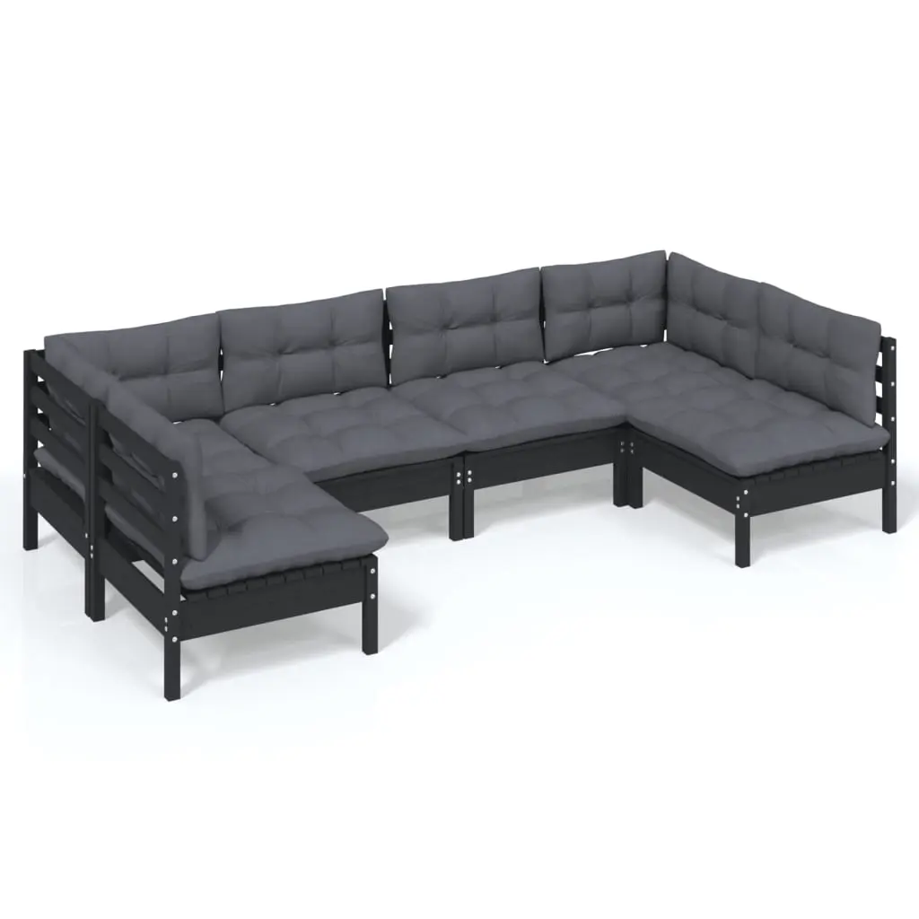 6 Piece Garden Lounge Set with Cushions Black Solid Pinewood 3097155 - Furniture