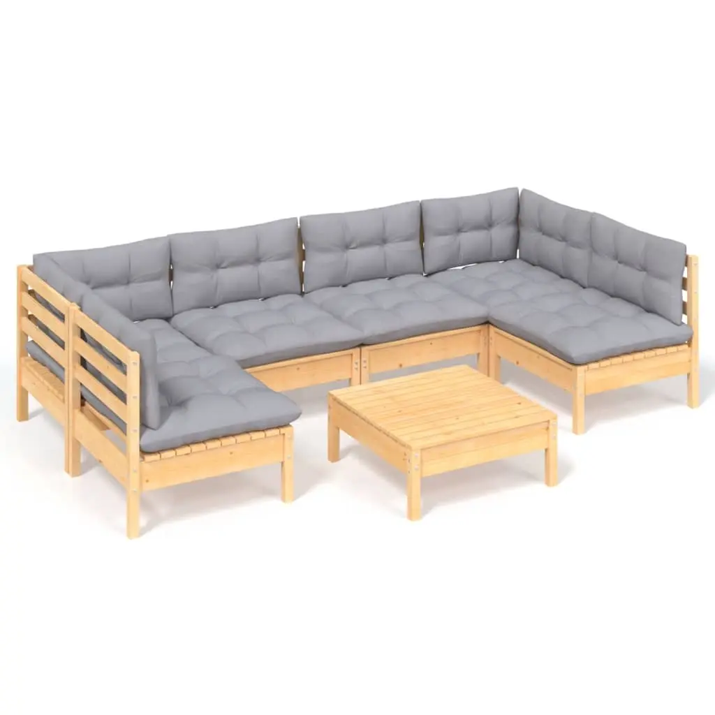 7 Piece Garden Lounge Set with Grey Cushions Solid Pinewood 3097156 - Furniture
