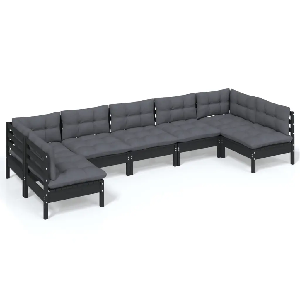 7 Piece Garden Lounge Set with Cushions Black Solid Pinewood 3097167 - Furniture