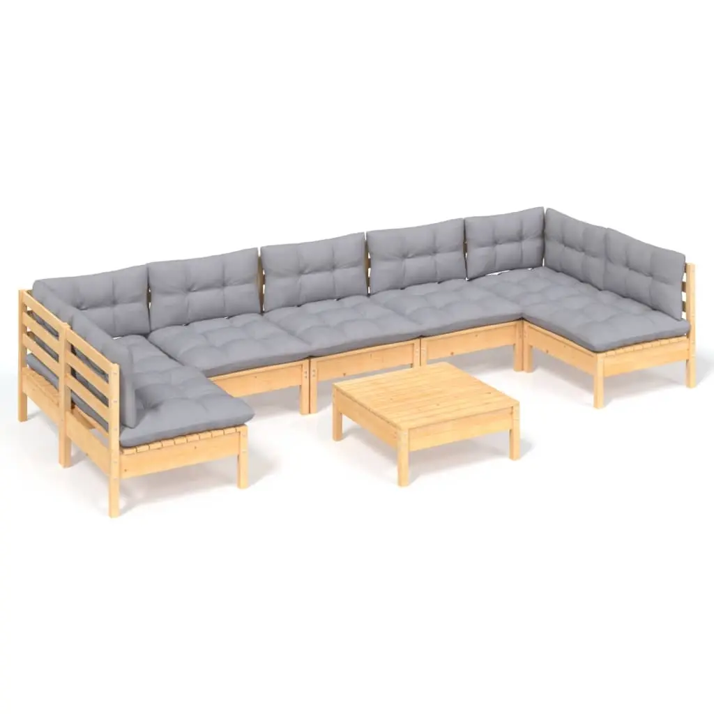 8 Piece Garden Lounge Set with Grey Cushions Solid Pinewood 3097168 - Furniture