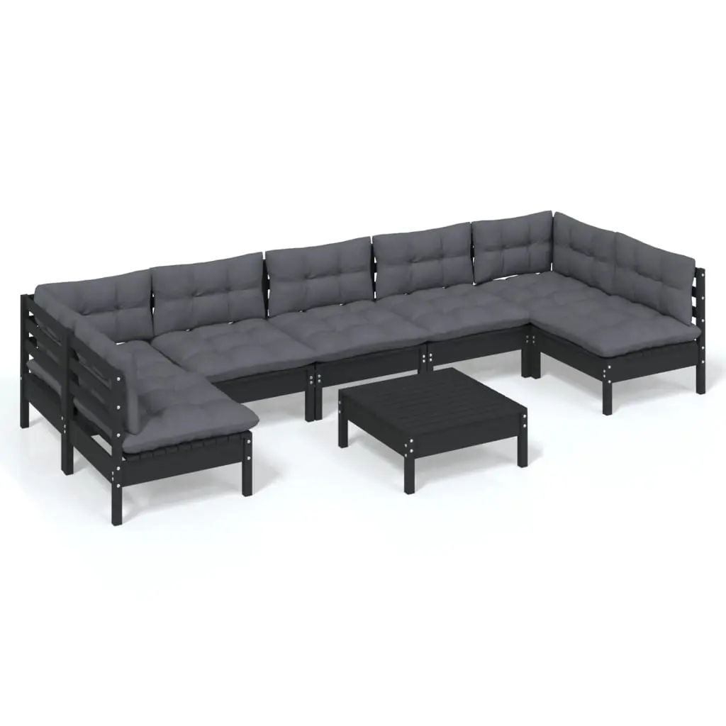 8 Piece Garden Lounge Set with Cushions Black Solid Pinewood 3097173 - Furniture