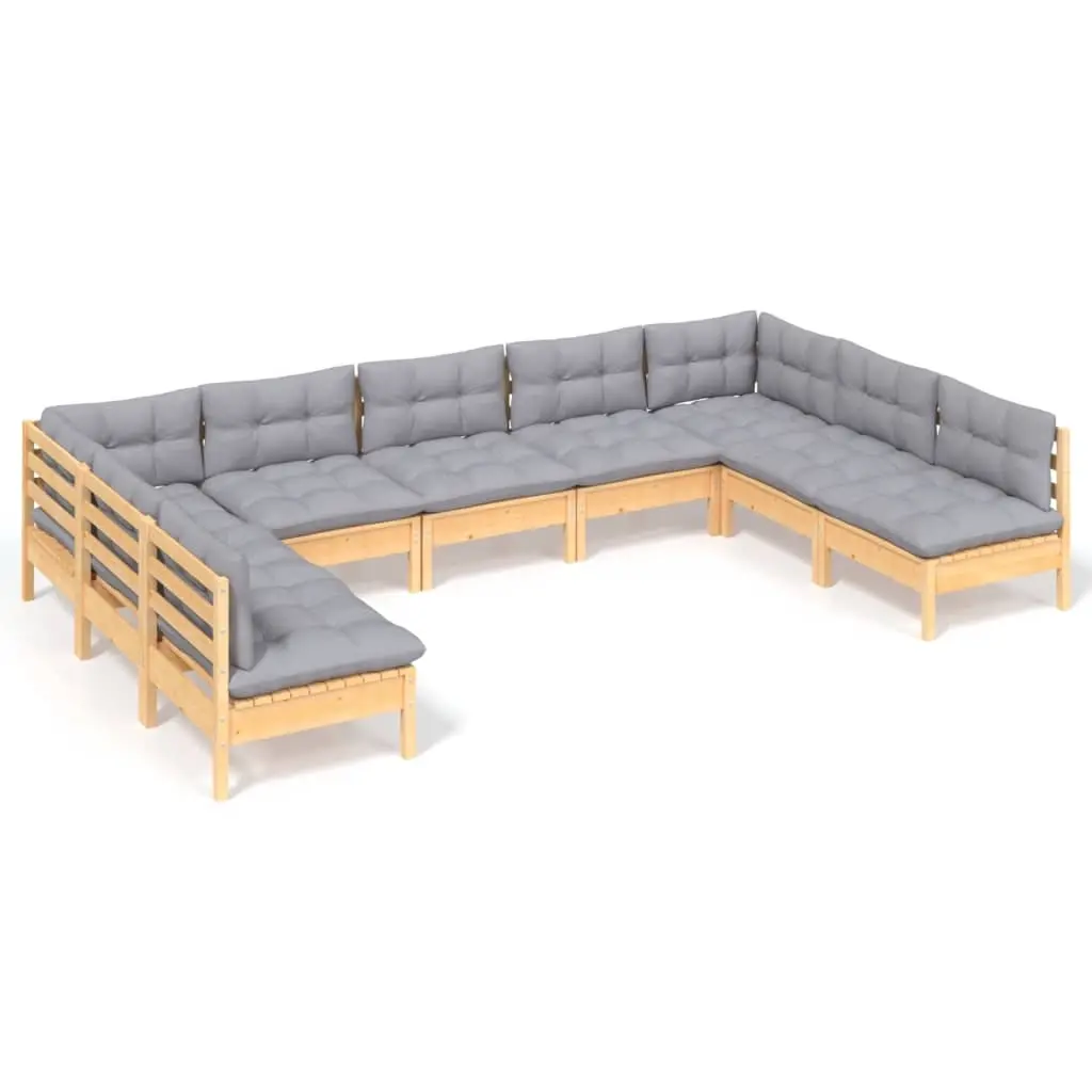 9 Piece Garden Lounge Set with Grey Cushions Solid Pinewood 3097174 - Furniture