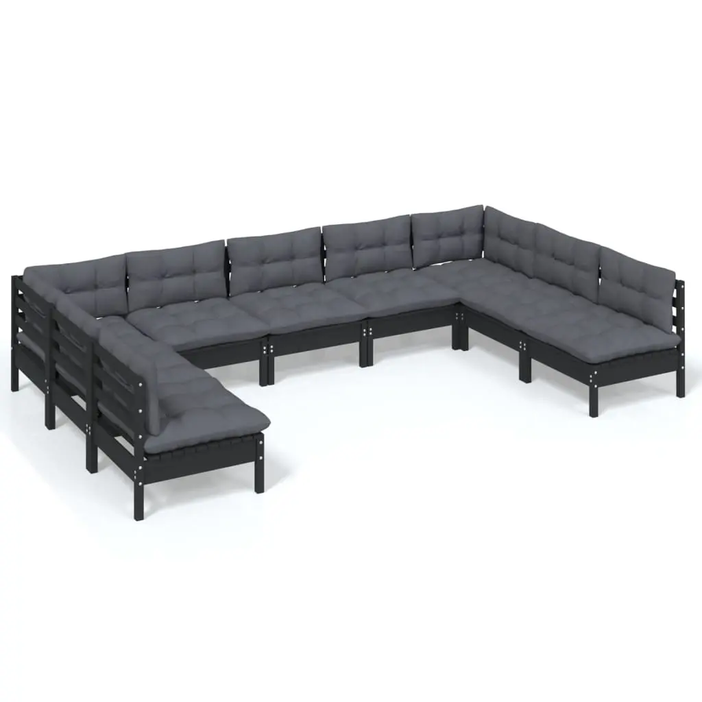 9 Piece Garden Lounge Set with Cushions Black Solid Pinewood 3097179 - Furniture