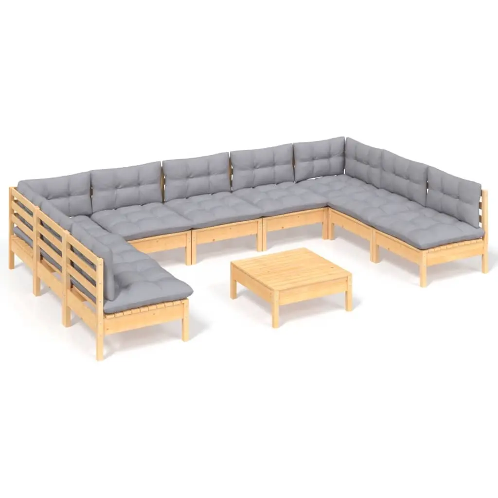 10 Piece Garden Lounge Set with Grey Cushions Solid Pinewood 3097180 - Furniture