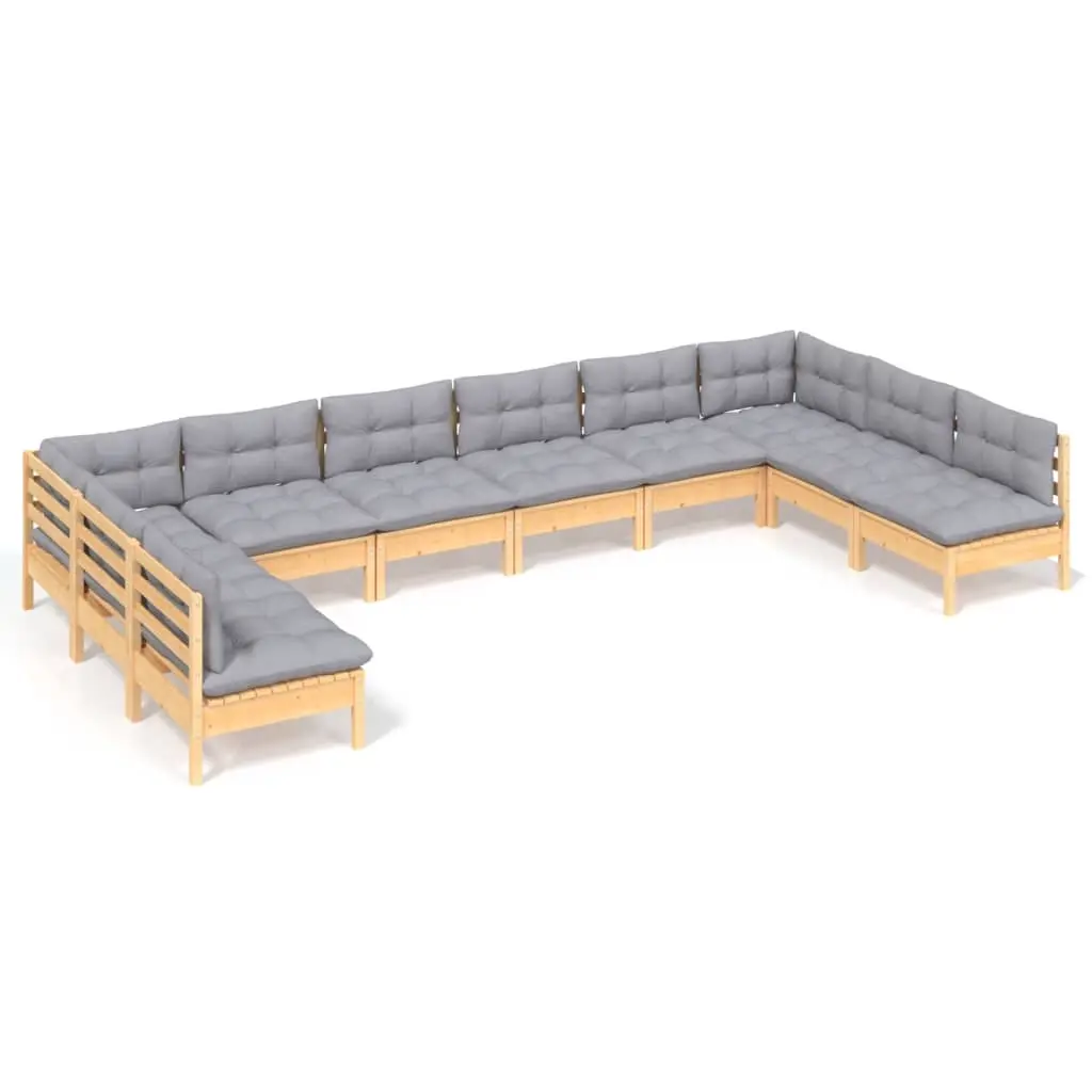 10 Piece Garden Lounge Set with Grey Cushions Solid Pinewood 3097186 - Furniture