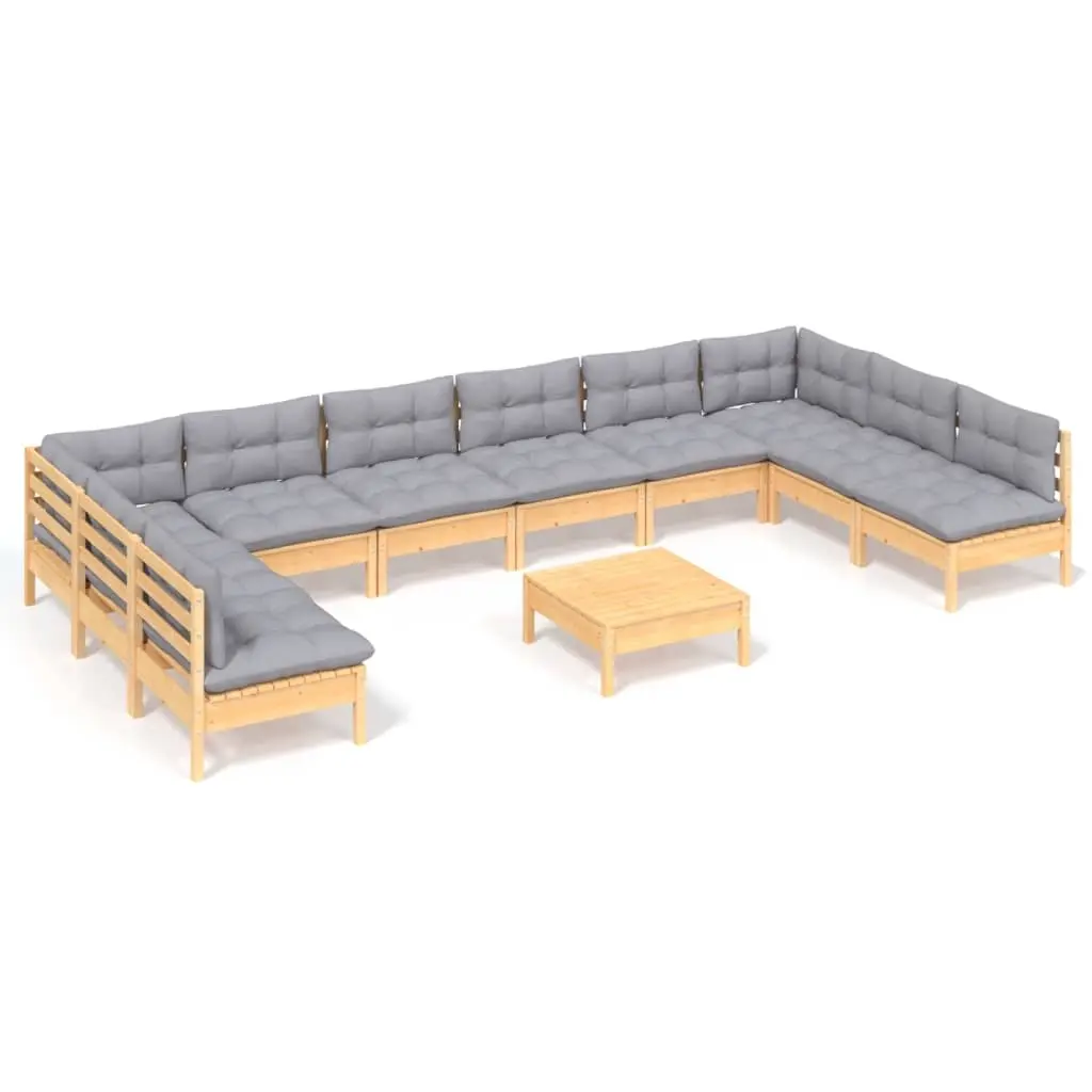 11 Piece Garden Lounge Set with Grey Cushions Solid Pinewood 3097192 - Furniture