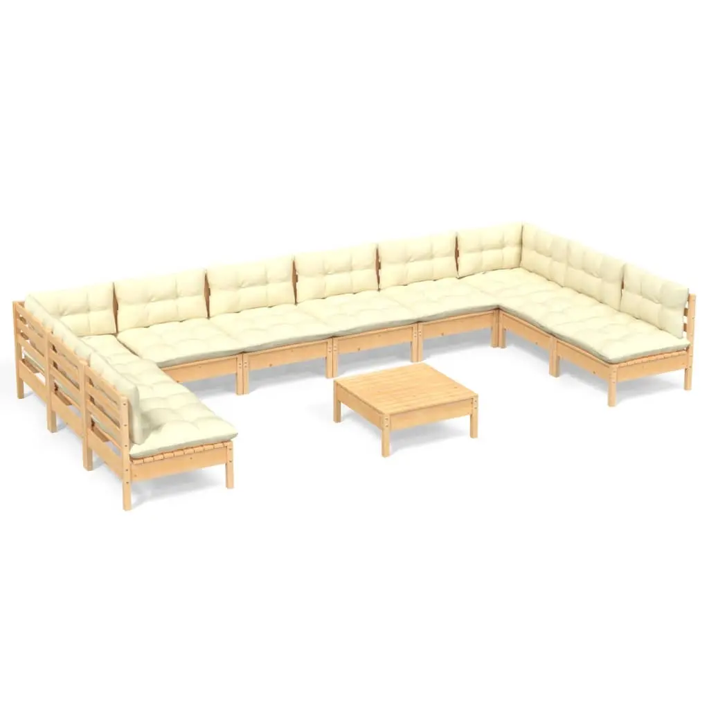11 Piece Garden Lounge Set with Cream Cushions Solid Pinewood 3097193 - Furniture