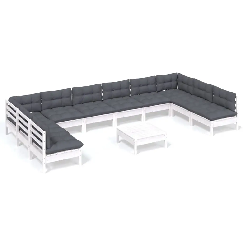 11 Piece Garden Lounge Set with Cushions White Solid Pinewood 3097194 - Furniture