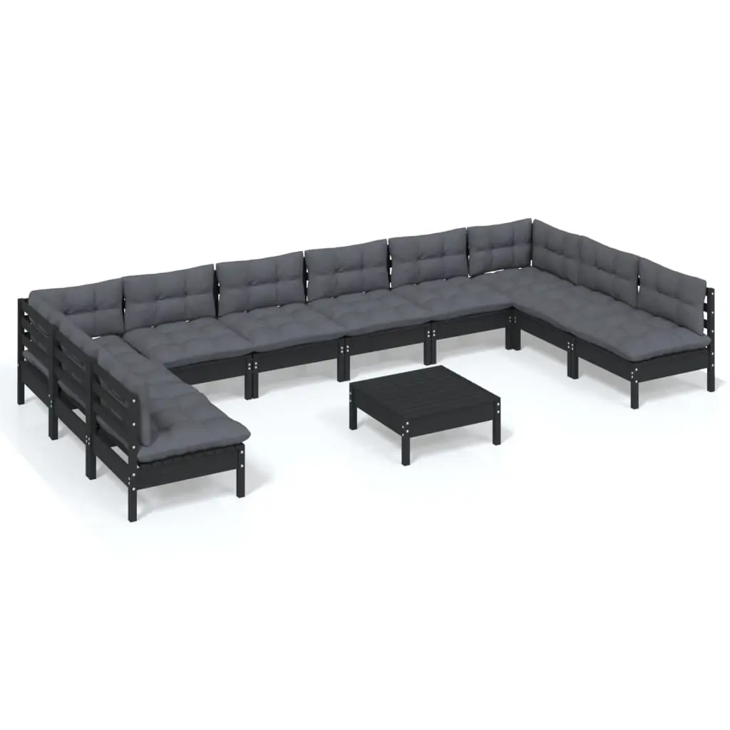 11 Piece Garden Lounge Set with Cushions Black Solid Pinewood 3097197 - Furniture