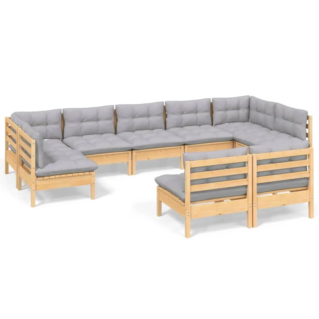 9 Piece Garden Lounge Set with Grey Cushions Solid Pinewood 3097198 - Furniture