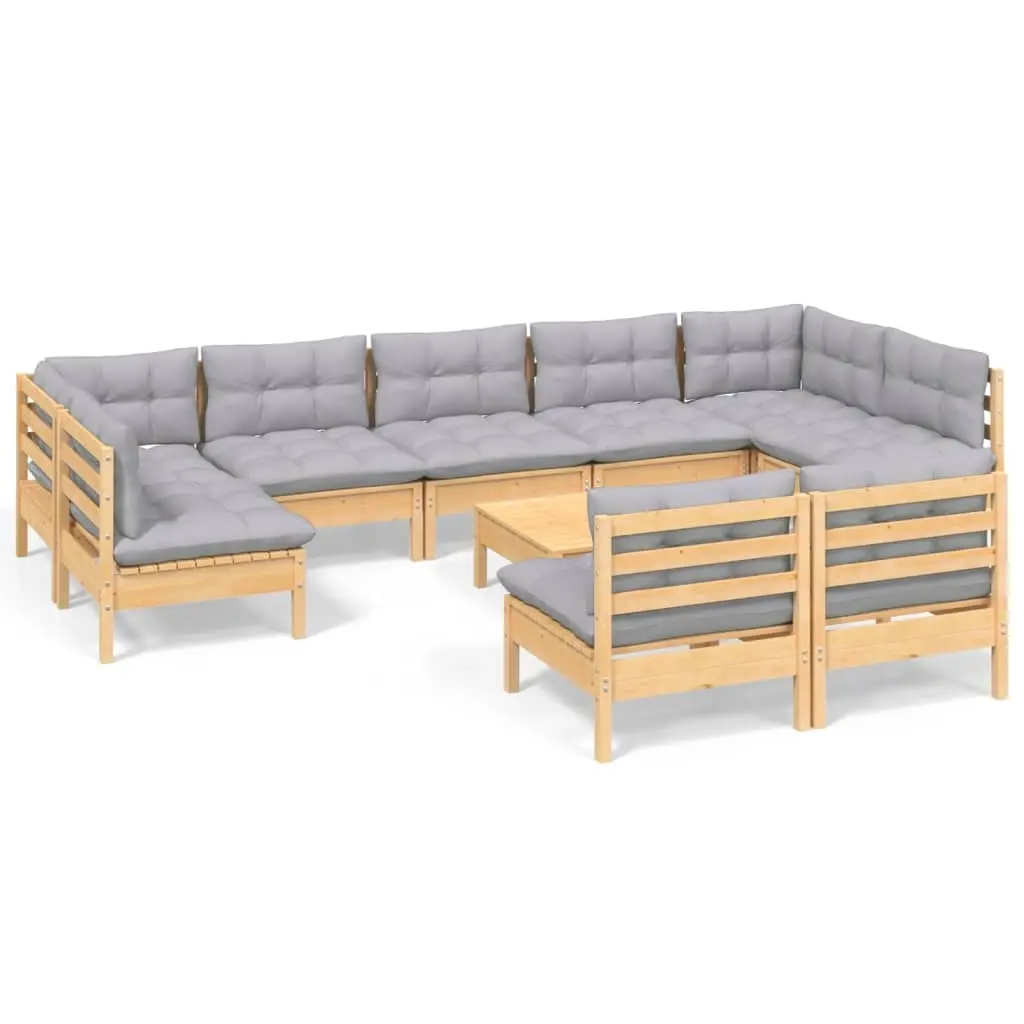 10 Piece Garden Lounge Set with Grey Cushions Solid Pinewood 3097204 - Furniture