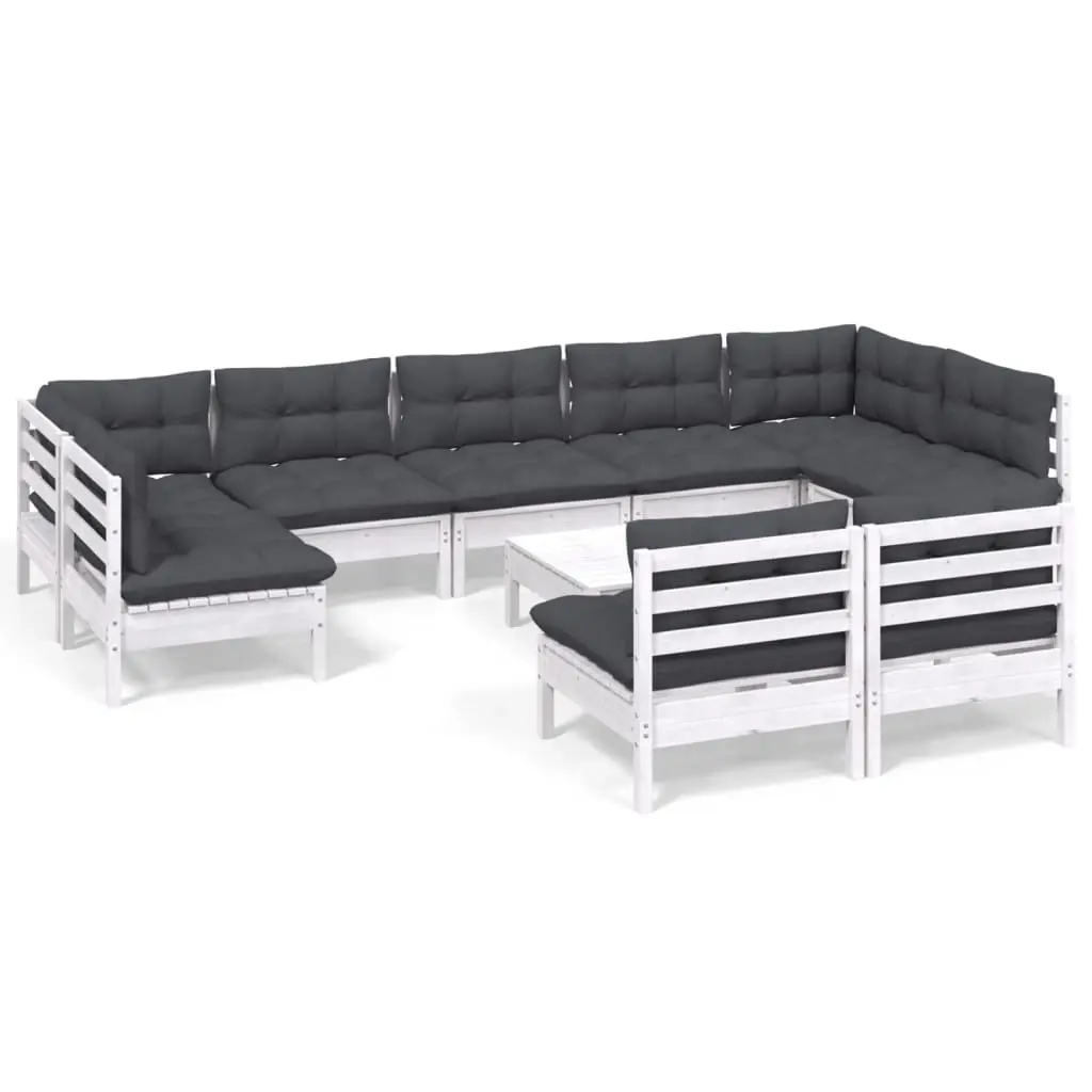 10 Piece Garden Lounge Set with Cushions White Solid Pinewood 3097206 - Furniture