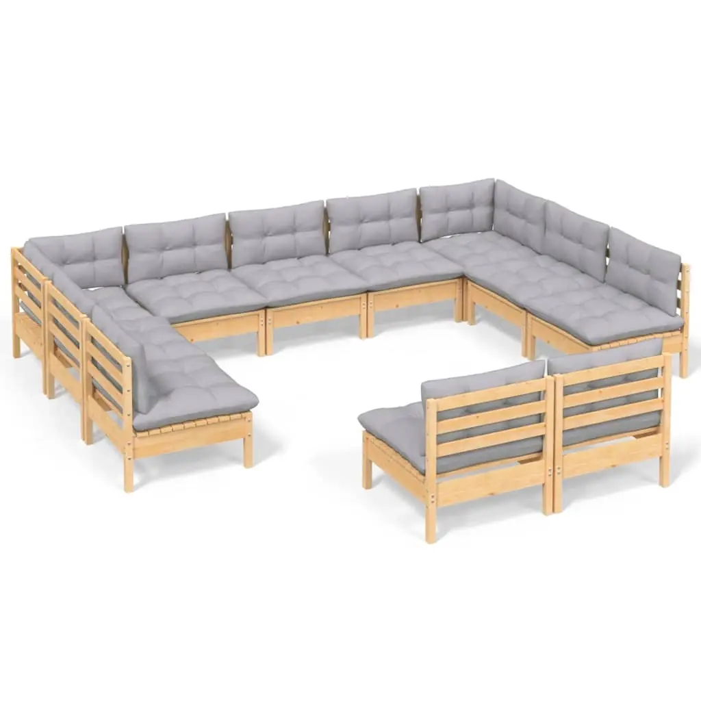 11 Piece Garden Lounge Set with Grey Cushions Solid Pinewood 3097210 - Furniture