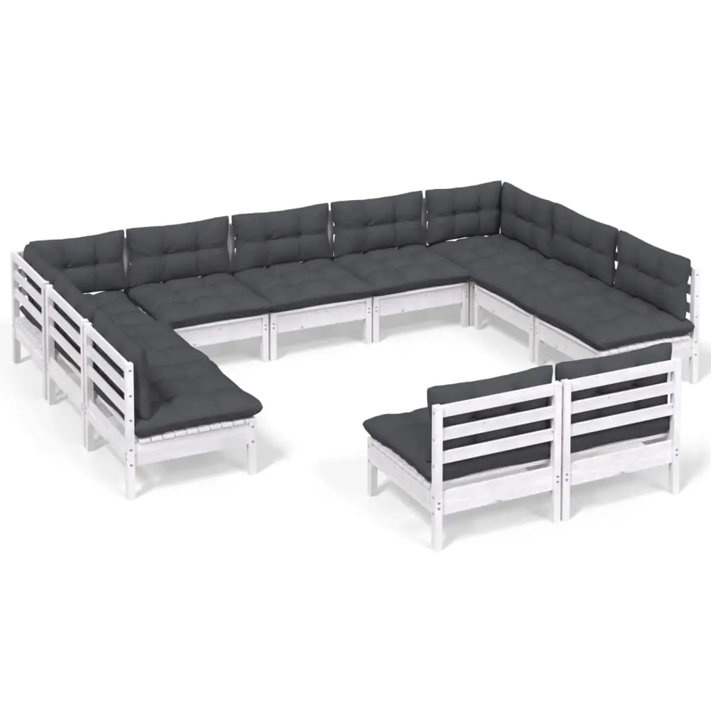 11 Piece Garden Lounge Set with Cushions White Solid Pinewood 3097212 - Furniture