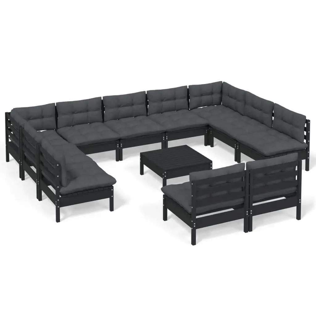 12 Piece Garden Lounge Set with Cushions Black Solid Pinewood 3097221 - Furniture
