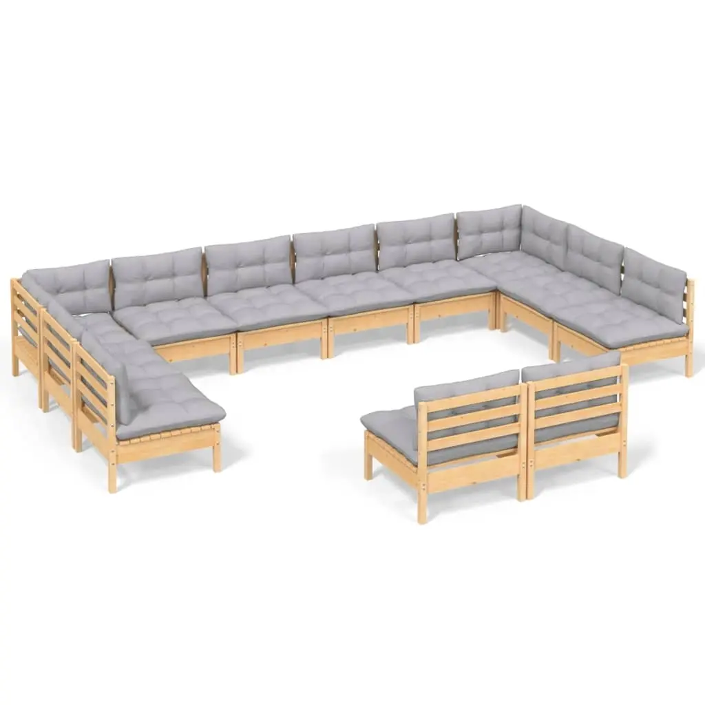 12 Piece Garden Lounge Set with Grey Cushions Solid Pinewood 3097222 - Furniture