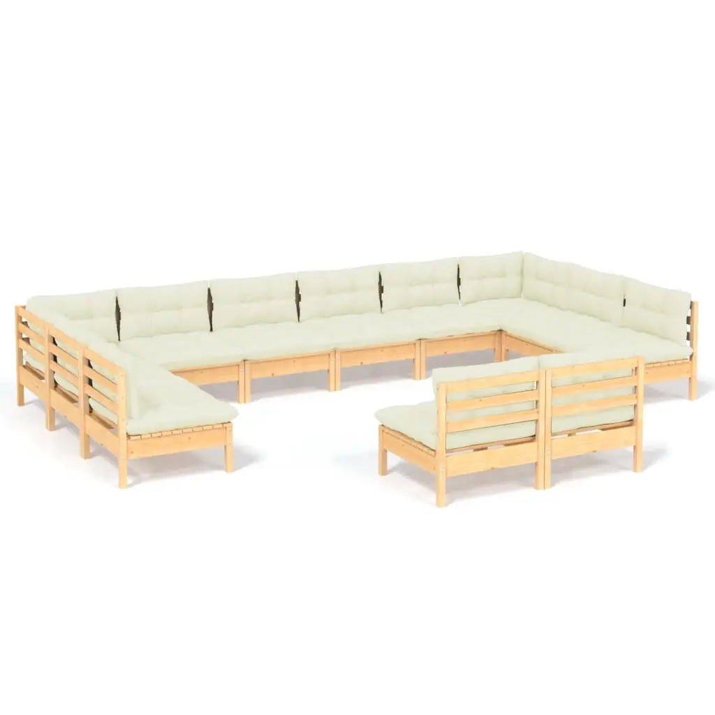 12 Piece Garden Lounge Set with Cream Cushions Solid Pinewood 3097223 - Furniture