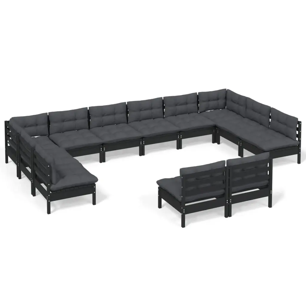 12 Piece Garden Lounge Set with Cushions Black Solid Pinewood 3097227 - Furniture