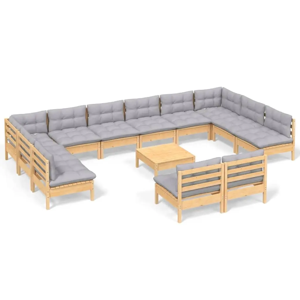 13 Piece Garden Lounge Set with Grey Cushions Solid Pinewood 3097228 - Furniture