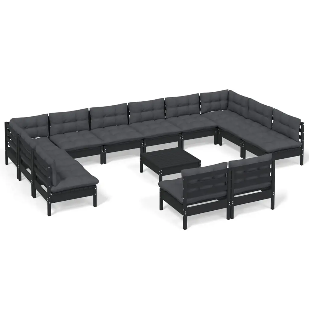 13 Piece Garden Lounge Set with Cushions Black Solid Pinewood 3097233 - Furniture