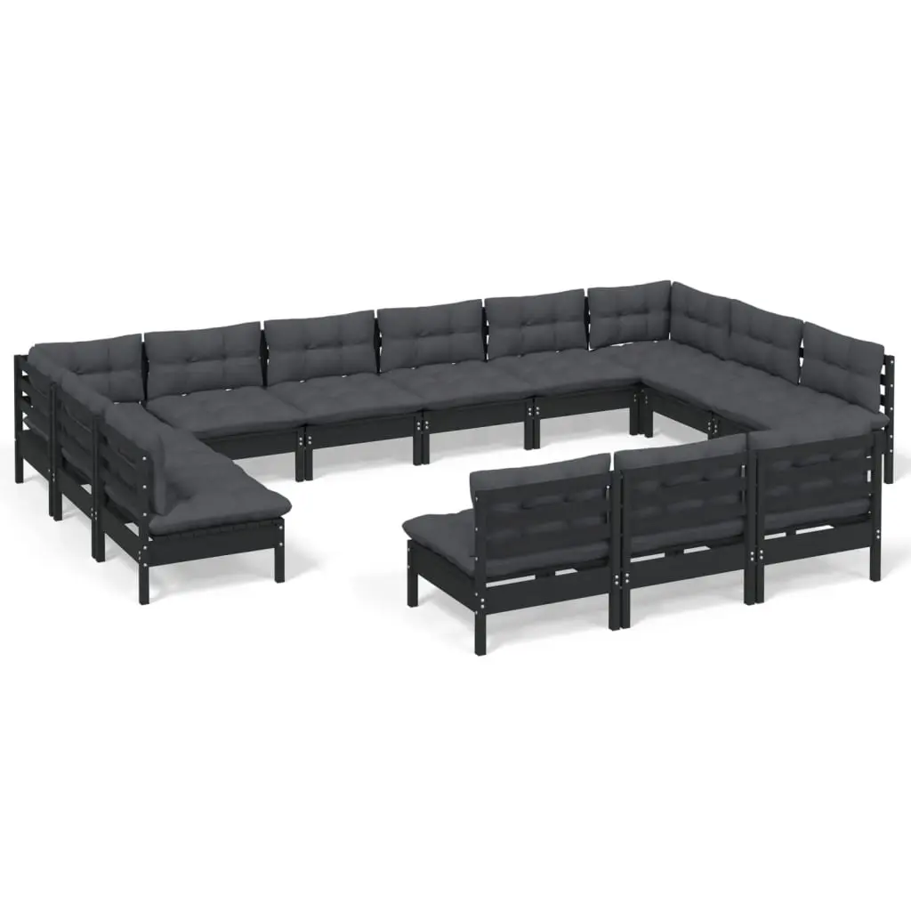 13 Piece Garden Lounge Set with Cushions Black Solid Pinewood 3097239 - Furniture