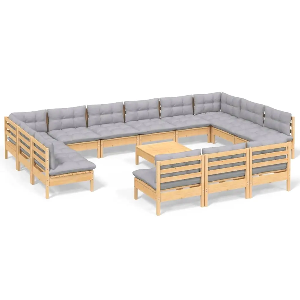 14 Piece Garden Lounge Set with Grey Cushions Solid Pinewood 3097240 - Furniture