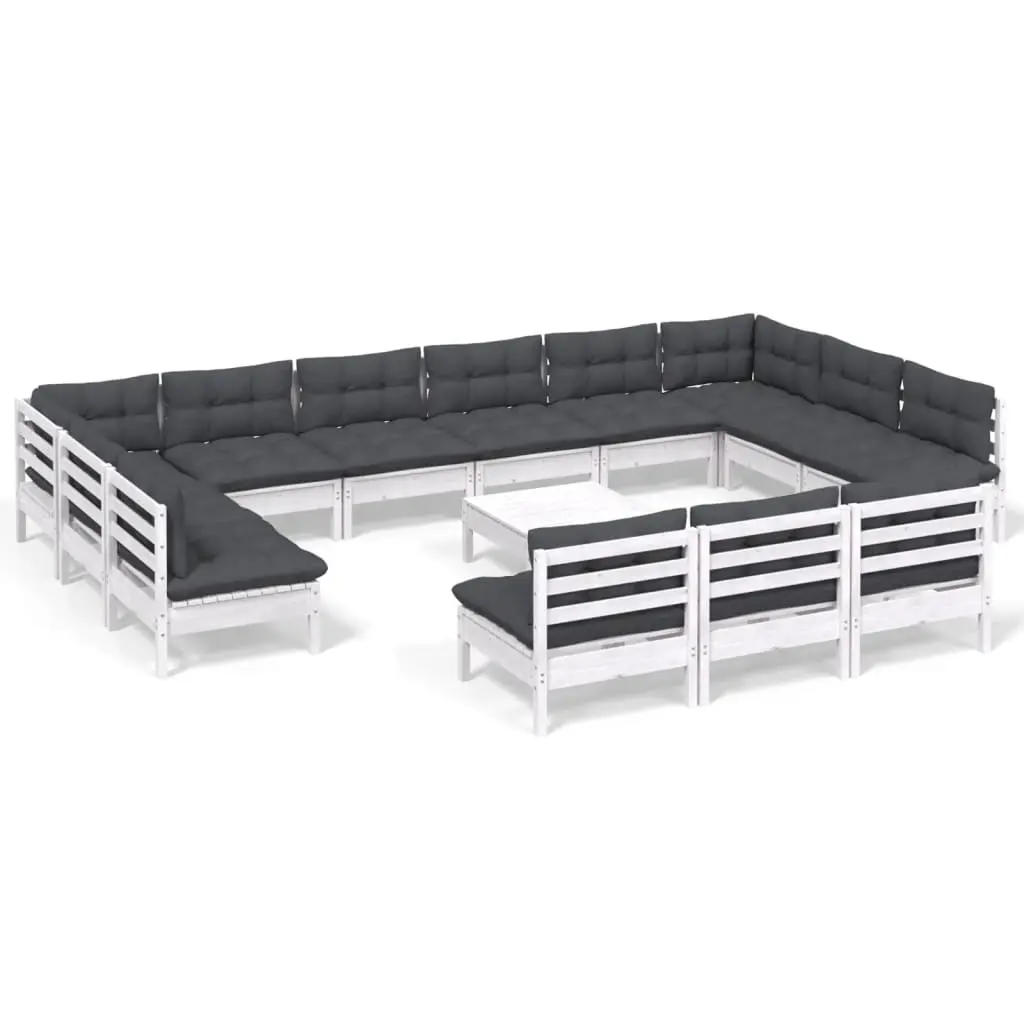 14 Piece Garden Lounge Set with Cushions White Solid Pinewood 3097242 - Furniture