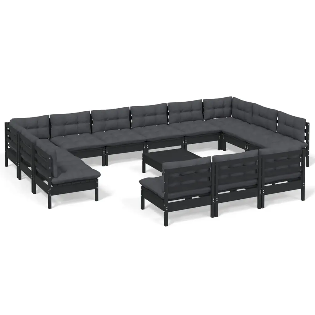 14 Piece Garden Lounge Set with Cushions Black Solid Pinewood 3097245 - Furniture