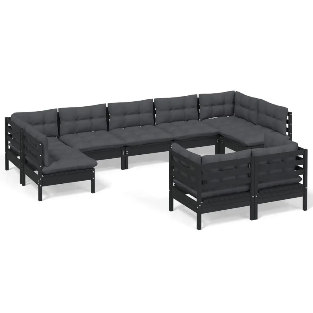 9 Piece Garden Lounge Set with Cushions Black Solid Pinewood 3097251 - Furniture