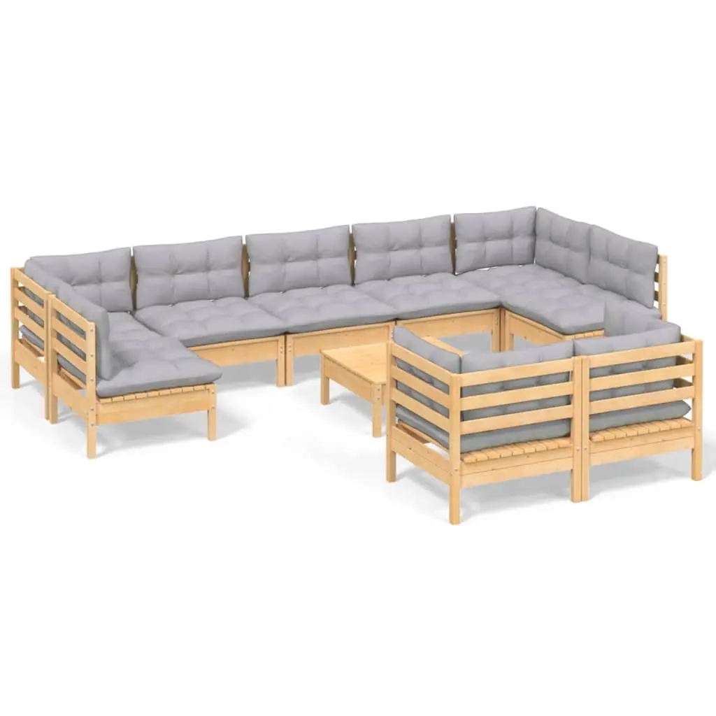 10 Piece Garden Lounge Set with Grey Cushions Solid Pinewood 3097252 - Furniture