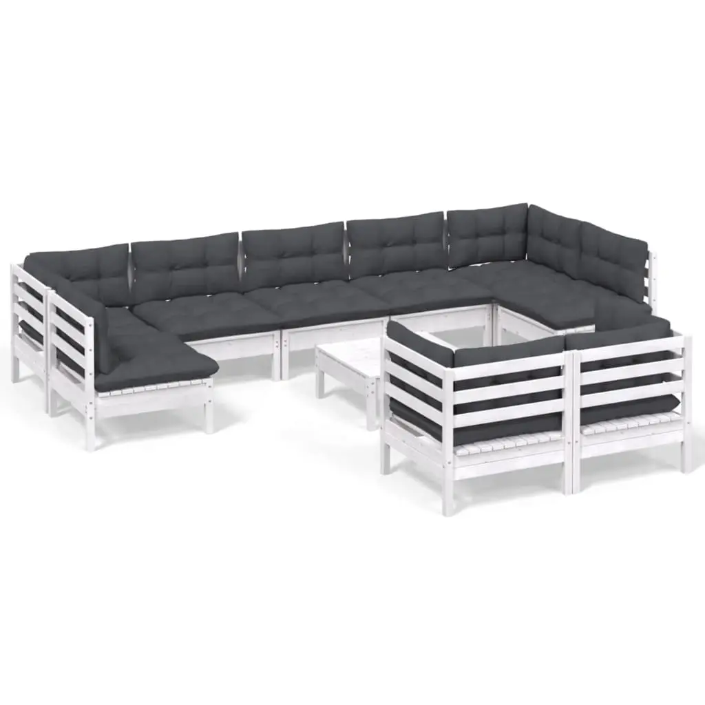 10 Piece Garden Lounge Set with Cushions White Solid Pinewood 3097254 - Furniture