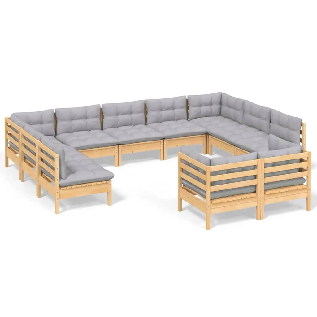 11 Piece Garden Lounge Set with Grey Cushions Solid Pinewood 3097258 - Furniture