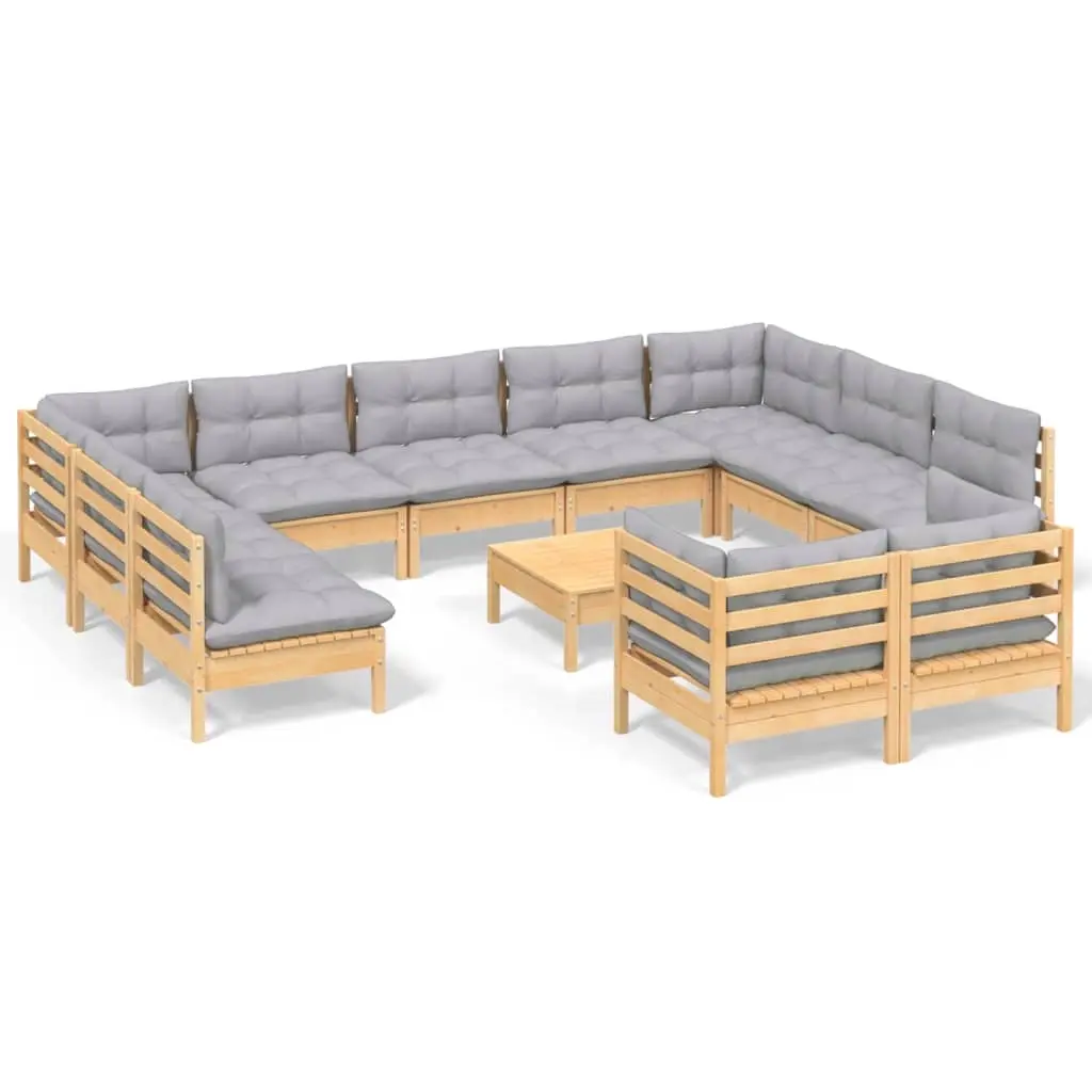 12 Piece Garden Lounge Set with Grey Cushions Solid Pinewood 3097264 - Furniture