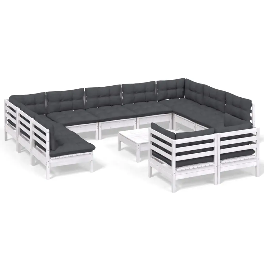 12 Piece Garden Lounge Set with Cushions White Solid Pinewood 3097266 - Furniture