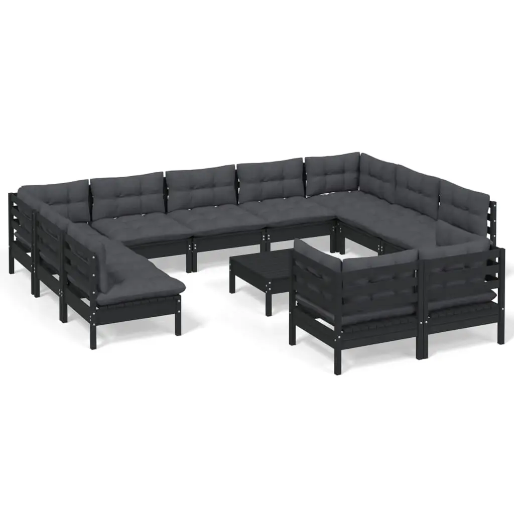 12 Piece Garden Lounge Set with Cushions Black Solid Pinewood 3097269 - Furniture