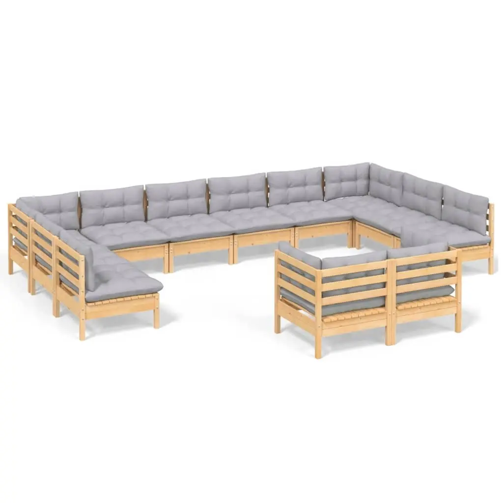 12 Piece Garden Lounge Set with Grey Cushions Solid Pinewood 3097270 - Furniture
