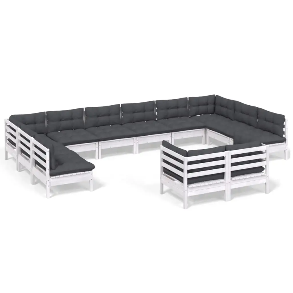 12 Piece Garden Lounge Set with Cushions White Solid Pinewood 3097272 - Furniture