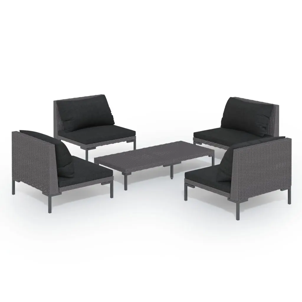 5 Piece Garden Lounge Set with Cushions Poly Rattan Dark Grey 3099804 - Furniture