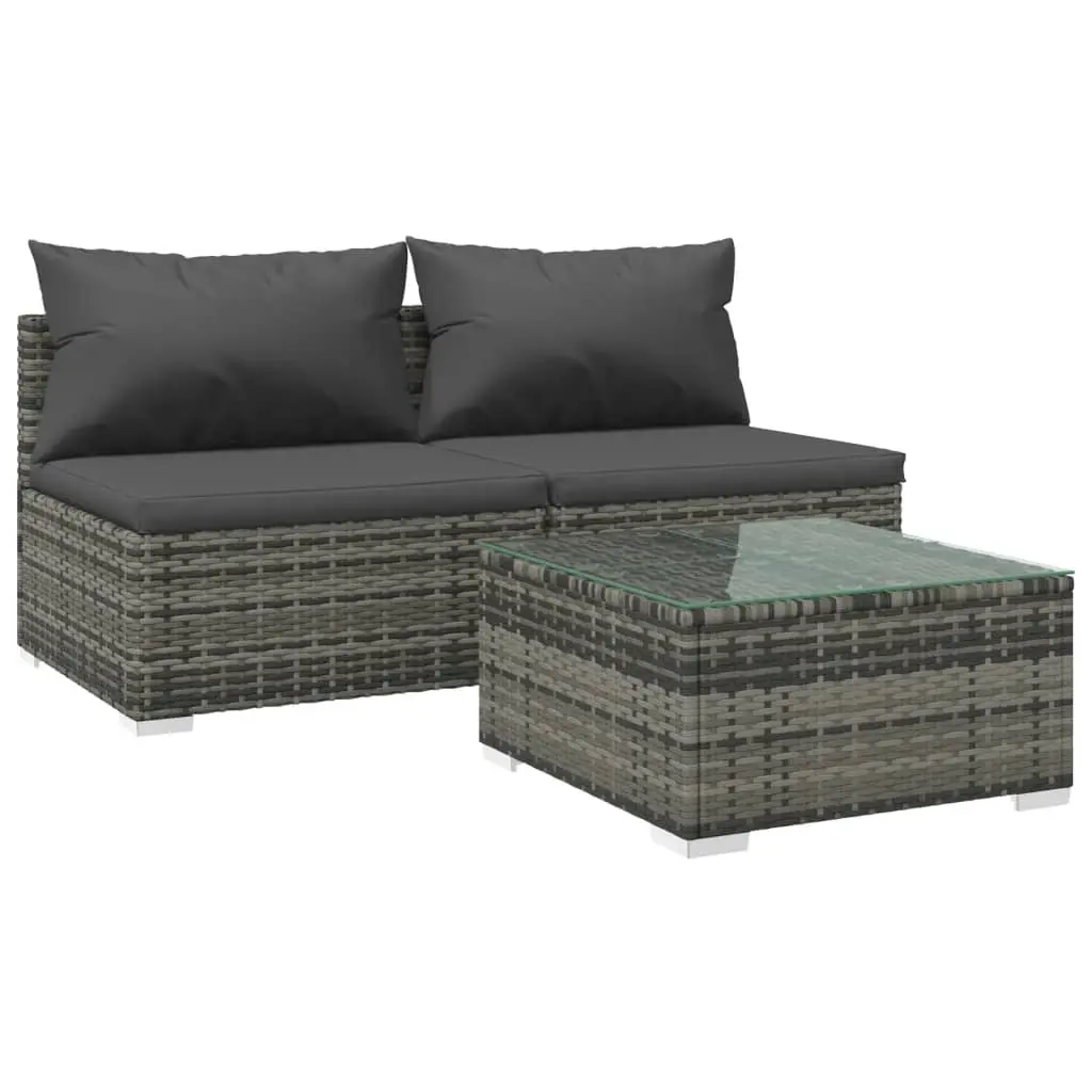 3 Piece Garden Lounge Set with Cushions Poly Rattan Grey 3101405 - Furniture