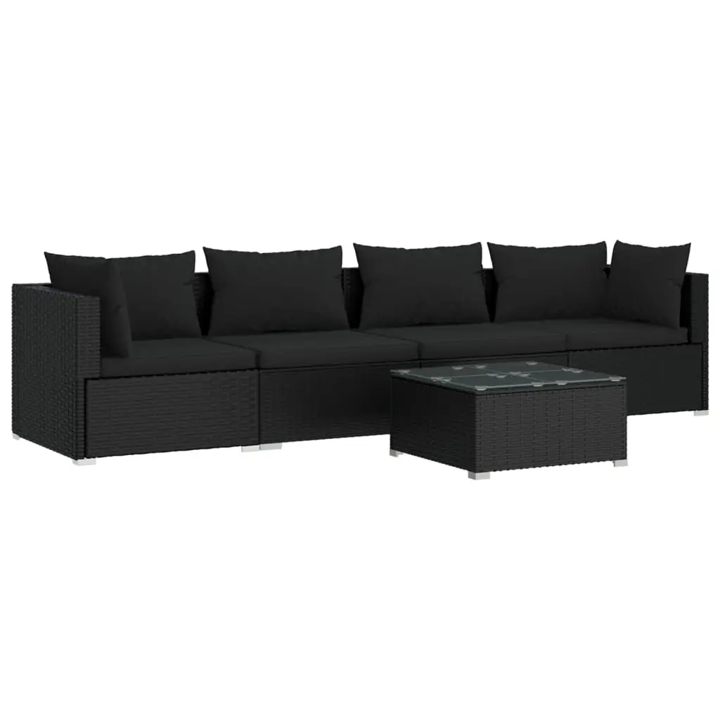 5 Piece Garden Lounge Set with Cushions Poly Rattan Black 3101432 - Furniture