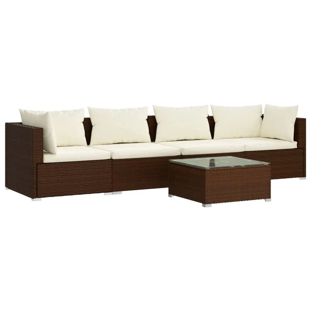 5 Piece Garden Lounge Set with Cushions Poly Rattan Brown 3101434 - Furniture