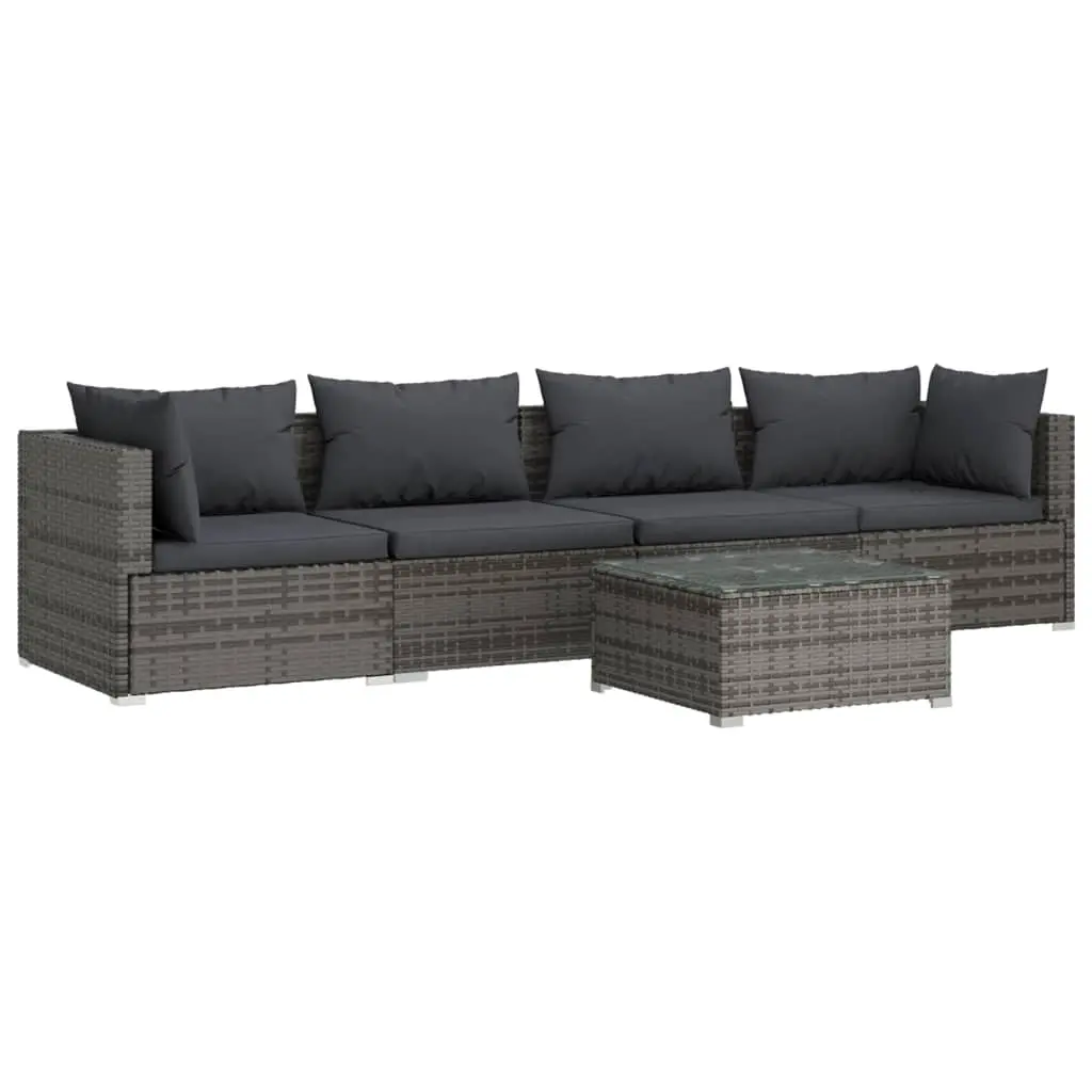 5 Piece Garden Lounge Set with Cushions Poly Rattan Grey 3101437 - Furniture