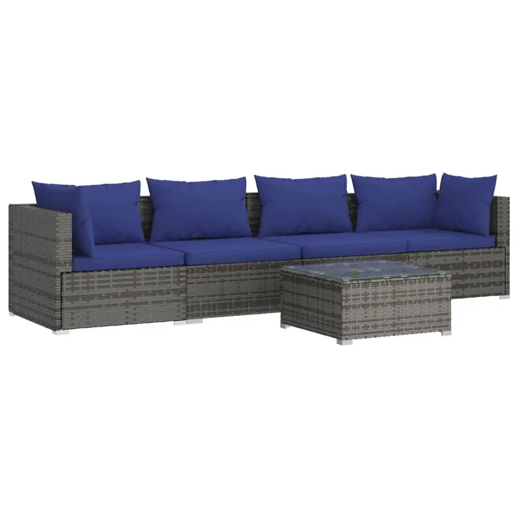 5 Piece Garden Lounge Set with Cushions Poly Rattan Grey 3101438 - Furniture