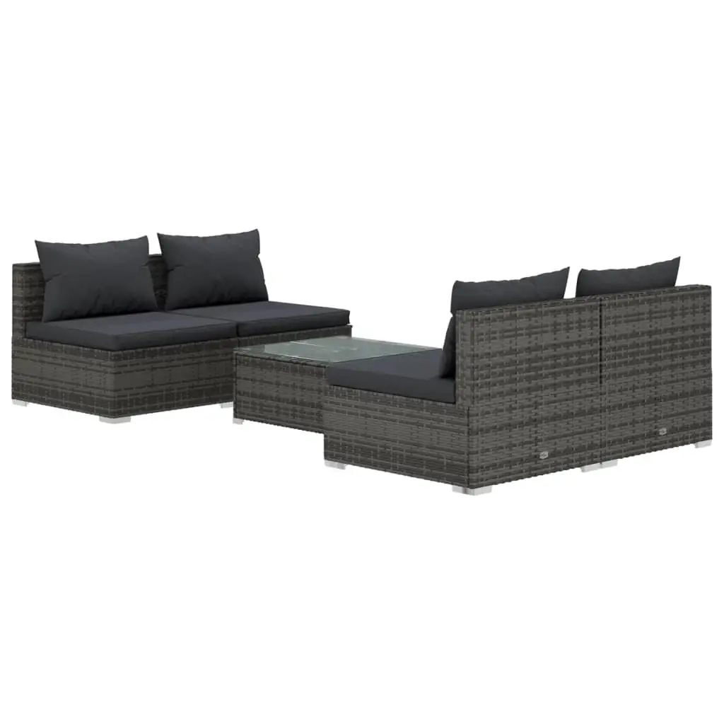 5 Piece Garden Lounge Set with Cushions Poly Rattan Grey 3101445 - Furniture