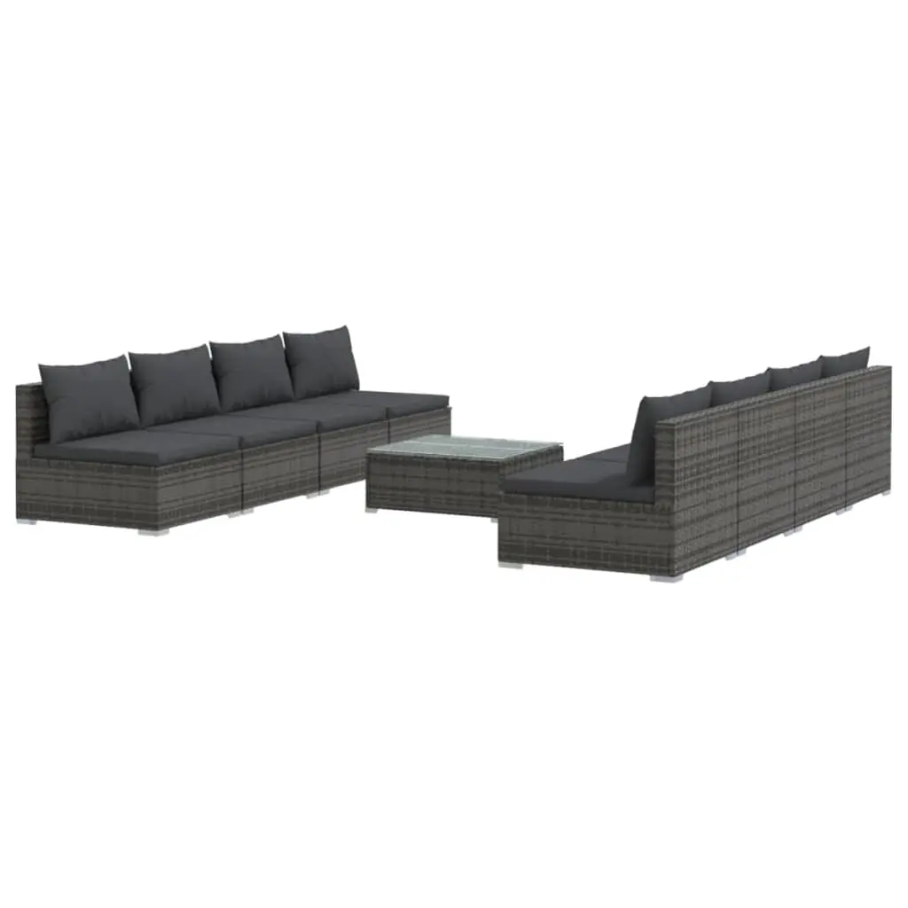 9 Piece Garden Lounge Set with Cushions Poly Rattan Grey 3101477 - Furniture
