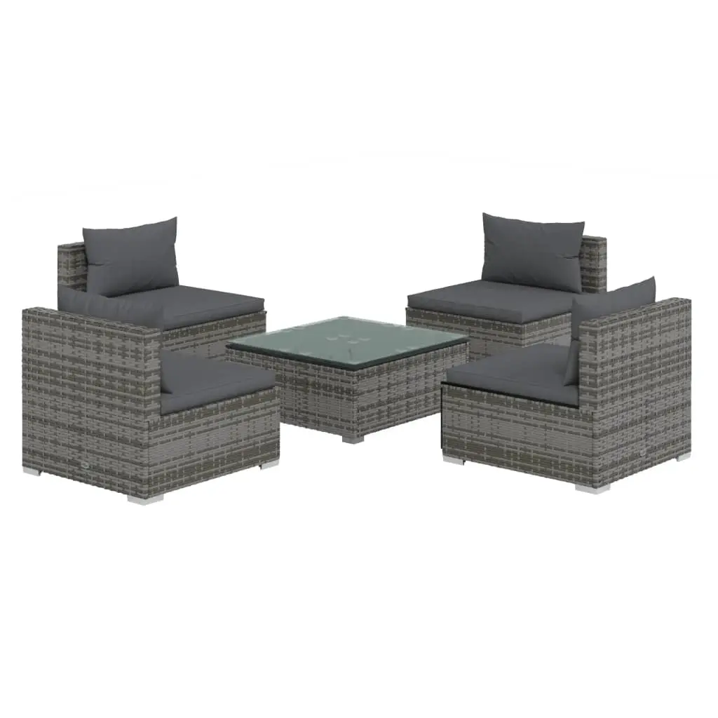 5 Piece Garden Lounge Set with Cushions Poly Rattan Grey 3101525 - Furniture