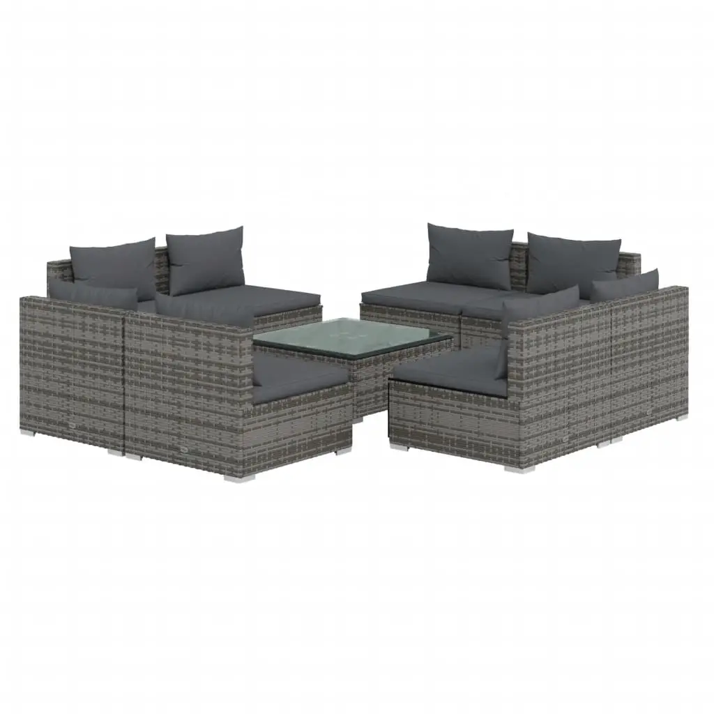 9 Piece Garden Lounge Set with Cushions Poly Rattan Grey 3101549 - Furniture