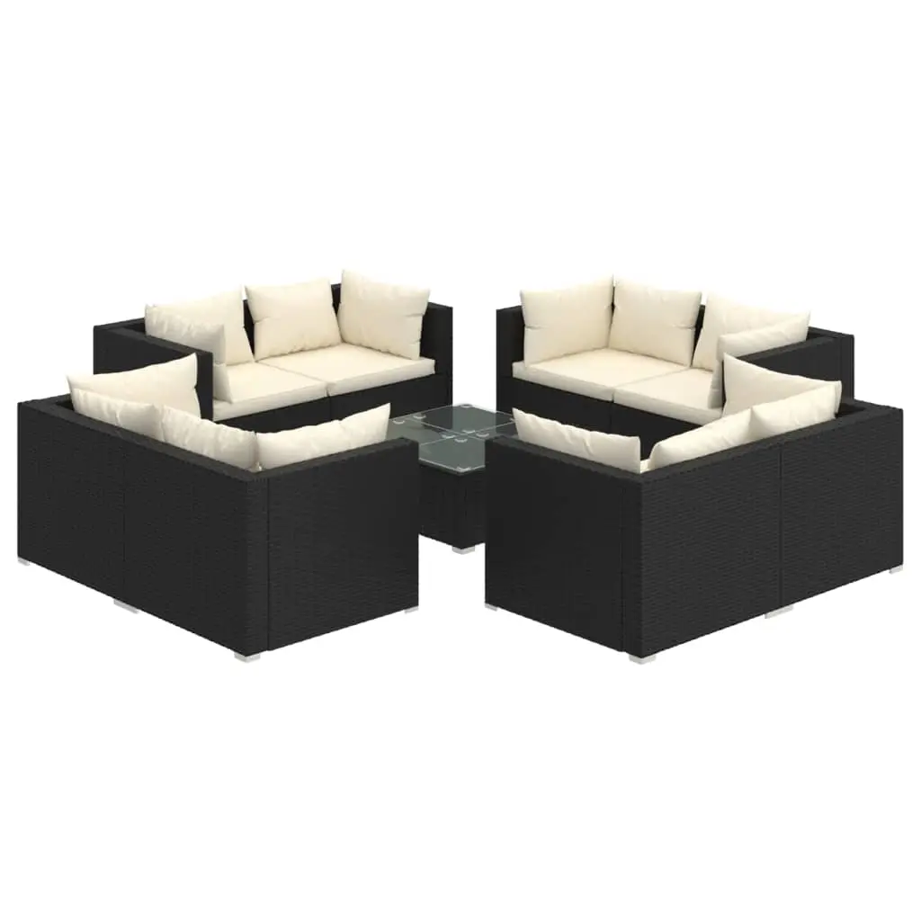 9 Piece Garden Lounge Set with Cushions Poly Rattan Black 3101559 - Furniture