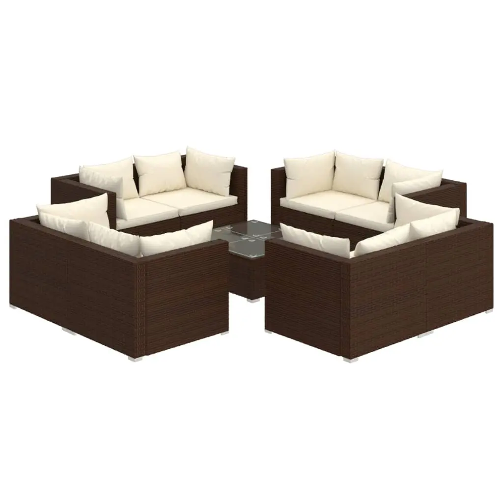 9 Piece Garden Lounge Set with Cushions Poly Rattan Brown 3101562 - Furniture